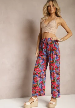 Fioletowo-Różowe Wiskozowe Spodnie z Prostą Nogawką High Waist w Kwiatowy Wzór Zaranima