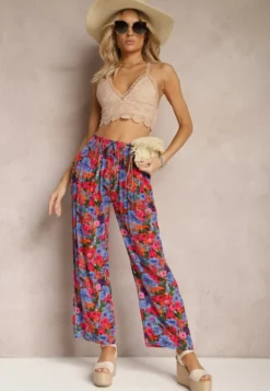 Fioletowo-Różowe Wiskozowe Spodnie z Prostą Nogawką High Waist w Kwiatowy Wzór Zaranima