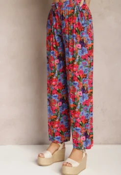 Fioletowo-Różowe Wiskozowe Spodnie z Prostą Nogawką High Waist w Kwiatowy Wzór Zaranima