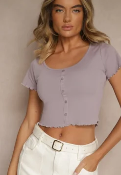 Fioletowy Dopasowany T-shirt z Bawełny Zdobiony Guzikami Filinnea