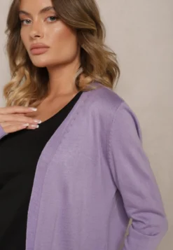 Fioletowy Kardigan Bez Zapięć o Prostym Kroju ze Wsuwanymi Kieszonkami Torinia