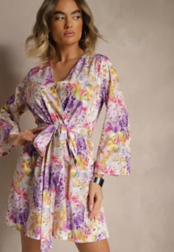 Fioletowy Kopertowy Kombinezon z Wiązanym Paskiem i Rozszerzanymi Rękawami Telurea