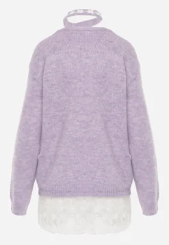 Fioletowy Sweter z Wełną z Koronkowym Wykończeniem i Szaliczkiem Choker Astira
