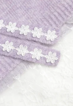 Fioletowy Sweter z Wełną z Koronkowym Wykończeniem i Szaliczkiem Choker Astira