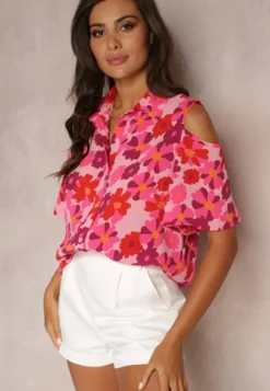 Fuksjowa Koszula Open Shoulder w Kwiatowy Print Veconda