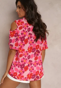 Fuksjowa Koszula Open Shoulder w Kwiatowy Print Veconda