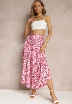 Fuksjowa Plisowana Spódnica Maxi w Fantazyjny Print Maritha