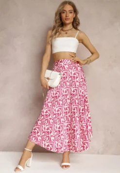 Fuksjowa Plisowana Spódnica Maxi w Fantazyjny Print Maritha
