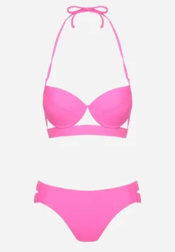 Fuksjowe Bikini Majtki Figi z Wycięciami i Biustonosz z Ozdobnymi Paskami Kinalana