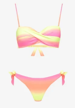 Fuksjowe Bikini Majtki Typu Figi i Biustonosz z Marszczeniem w Geometryczny Wzór Kinnira