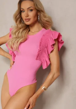 Fuksjowe Eleganckie Body z Bawełny z Zapięciem na Napy Wykończone Falbankami Iilines