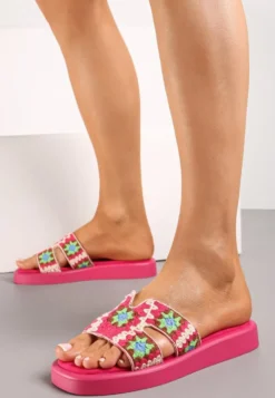 Fuksjowe Klapki Ozdobione Paskiem w Stylu Boho z Wkładką z Imitacji Zamszu Berdabia