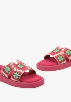 Fuksjowe Klapki Ozdobione Paskiem w Stylu Boho z Wkładką z Imitacji Zamszu Berdabia