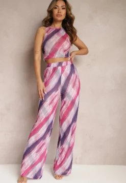 Fuksjowe Siateczkowe Spodnie Szerokie High Waist Mandiore