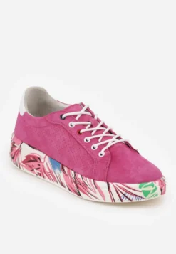 Fuksjowe Skórzane Sneakersy na Plaformie w Pióra z Perforacją Tidessa