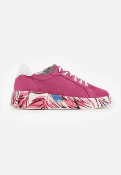 Fuksjowe Skórzane Sneakersy na Plaformie w Pióra z Perforacją Tidessa