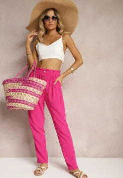 Fuksjowe Spodnie Typu Paper Bag High Waist z Gumką w Talii Salvavia