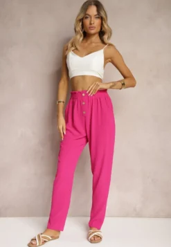 Fuksjowe Spodnie Typu Paper Bag High Waist z Gumką w Talii Salvavia