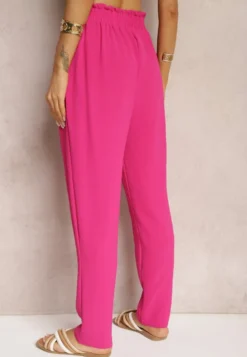 Fuksjowe Spodnie Typu Paper Bag High Waist z Gumką w Talii Salvavia
