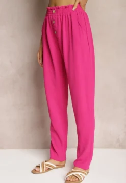 Fuksjowe Spodnie Typu Paper Bag High Waist z Gumką w Talii Salvavia