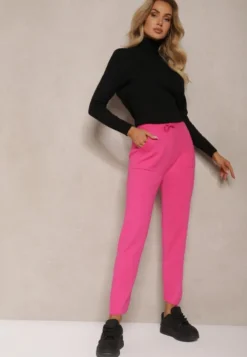 Fuksjowe Spodnie z Bawełną High Waist Ozdobione Sznurkiem Venaline
