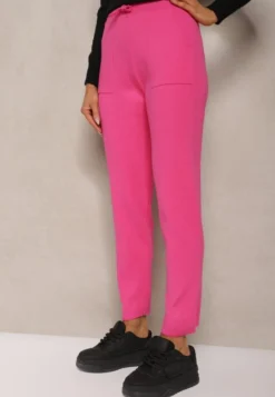 Fuksjowe Spodnie z Bawełną High Waist Ozdobione Sznurkiem Venaline