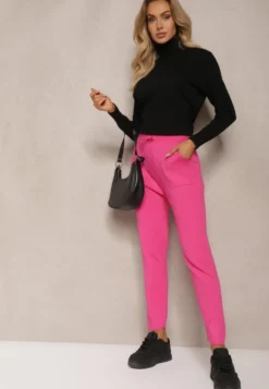 Fuksjowe Spodnie z Bawełną High Waist Ozdobione Sznurkiem Venaline