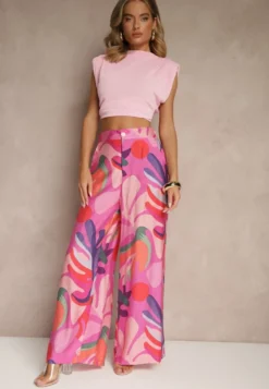 Fuksjowe Spodnie z Wiskozy o Szerokim Kroju High Waist ze Wzorem Liści Ralimia