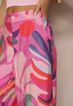 Fuksjowe Spodnie z Wiskozy o Szerokim Kroju High Waist ze Wzorem Liści Ralimia