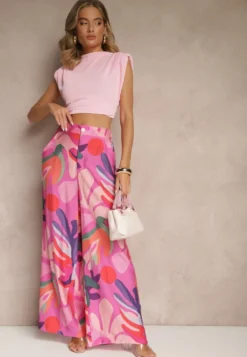 Fuksjowe Spodnie z Wiskozy o Szerokim Kroju High Waist ze Wzorem Liści Ralimia