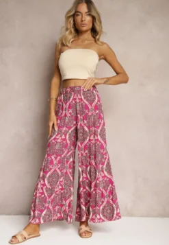 Fuksjowe Spodnie z Wiskozy z Szerokimi Nogawkami High Waist Wykończone Gumką w Talii Risettasmi