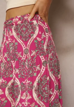 Fuksjowe Spodnie z Wiskozy z Szerokimi Nogawkami High Waist Wykończone Gumką w Talii Risettasmi