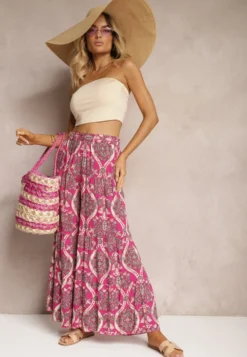 Fuksjowe Spodnie z Wiskozy z Szerokimi Nogawkami High Waist Wykończone Gumką w Talii Risettasmi