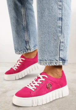 Fuksjowe Sznurowane Sneakersy Vices na Platformie z Tłoczeniem i Metaliczną Aplikacją Lavfedi