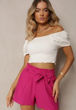 Fuksjowe Szorty Bermudy High Waist z Dodatkiem Bawełny Wiązane w Pasie Quisevia
