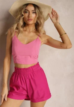 Fuksjowe Szorty High Waist z Gumką w Pasie Kerpia