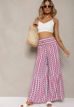 Fuksjowo-Białe Spodnie z Wiskozy High Waist Typu Palazzo z Gumką w Talii Tiimacella