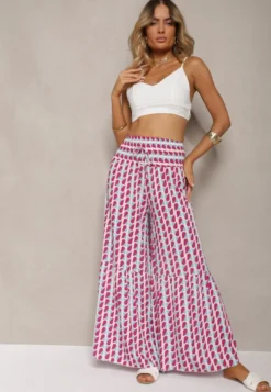 Fuksjowo-Białe Spodnie z Wiskozy High Waist Typu Palazzo z Gumką w Talii Tiimacella