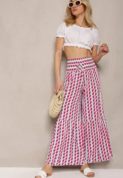 Fuksjowo-Białe Spodnie z Wiskozy High Waist Typu Palazzo z Gumką w Talii Tiimacella