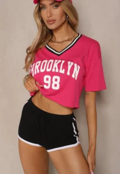 Fuksjowy T-shirt z Bawełny Ozdobiony Napisem Lireline