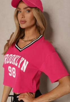 Fuksjowy T-shirt z Bawełny Ozdobiony Napisem Lireline