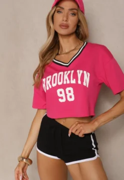 Fuksjowy T-shirt z Bawełny Ozdobiony Napisem Lireline