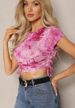 Fuksjowy Wiskozowy T-shirt ze Wzorem Tie-Dye z Wiązaniami po Bokach Iriandella