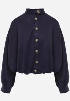 Granatowa Kurtka Przejściowa w Stylu Preppy o Fasonie Bomberki z Guzikami Zirafena