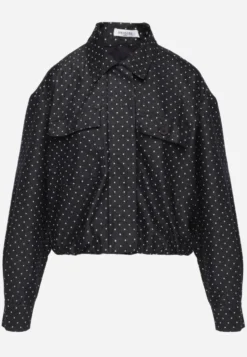 Granatowa Kurtka Przejściowa Bomber Jacket o Koszulowym Kroju z Bawełną w Groszki Erittese