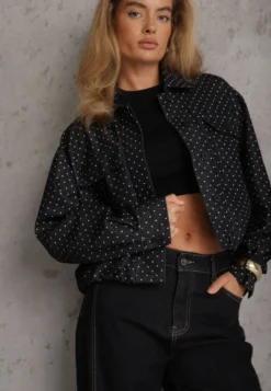 Granatowa Kurtka Przejściowa Bomber Jacket o Koszulowym Kroju z Bawełną w Groszki Erittese
