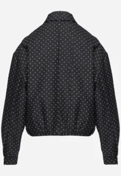 Granatowa Kurtka Przejściowa Bomber Jacket o Koszulowym Kroju z Bawełną w Groszki Erittese