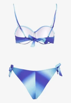 Granatowe Bikini Majtki Typu Figi i Biustonosz z Marszczeniem w Geometryczny Wzór Kinnira