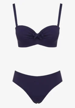Granatowe Bikini Strój Kąpielowy Dwuczęściowy z Ozdobnym Marszczeniem Nariella
