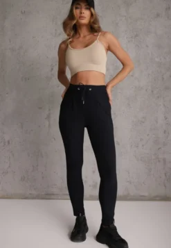 Granatowe Dopasowane Spodnie High Waist z Gumką i Wiązaniem w Talii Zelpia